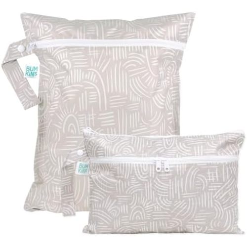 Bumkins Waterproof Wet Bag and Wet Dry Clutch Bags for Baby, Travel, Swim Suit, Cloth Diapers, Pump Parts, Pool, Gym Clothes, Toiletry, Hook to Stroller, Daycare, Zip Packing Pouch, 2-pk Boho Beige