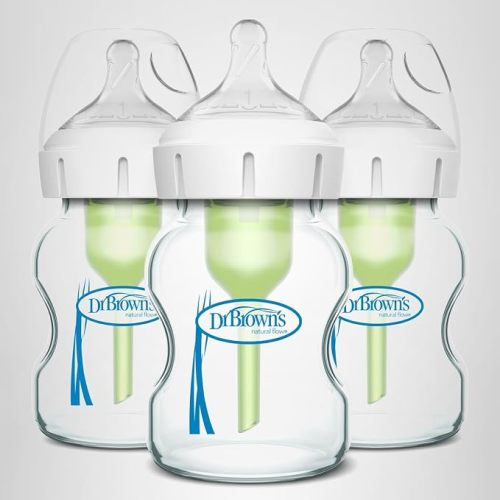 Dr. Brown's Natural Flow Anti-Colic Options+ Wide-Neck Glass Baby Bottles 5 oz/150 mL, with Level 1 Slow Flow Nipple, 3 Pack, 0m+