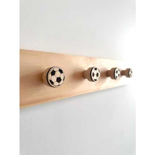 Wooden wall hook with soccer ball design – Solid wood decoration for a boy's room – Storage for bags and accessories