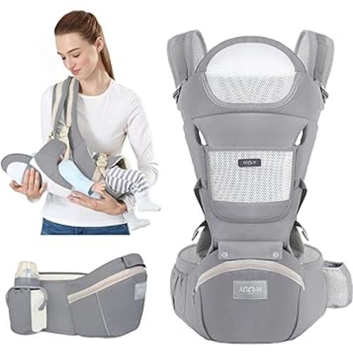 6-in-1 Safety Certified Ergonomic Quality Baby Carrier with Hip Seat: Kangaroo Bag Design for Newborns to Toddlers. Head Supporting Front and Back Support for Parents (Grey)