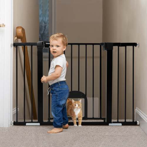 Babelio 29-48" Wide Baby and Pet Gate with Adjustable Cat Door – Easy One-Hand Open, Auto-Close, for Home Safety