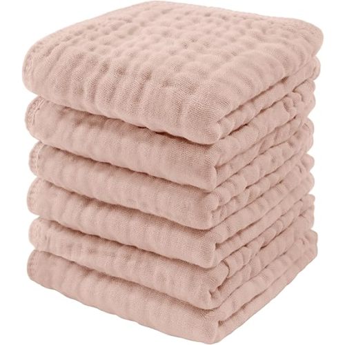 Comfy Cubs Muslin Baby Washcloths 6 Pack - Soft 6-Layer Cotton Wash Cloths for Sensitive Skin - 10"x10" Large, Gentle, Absorbent Infant Essentials for Newborn and Toddlers - (Blush)