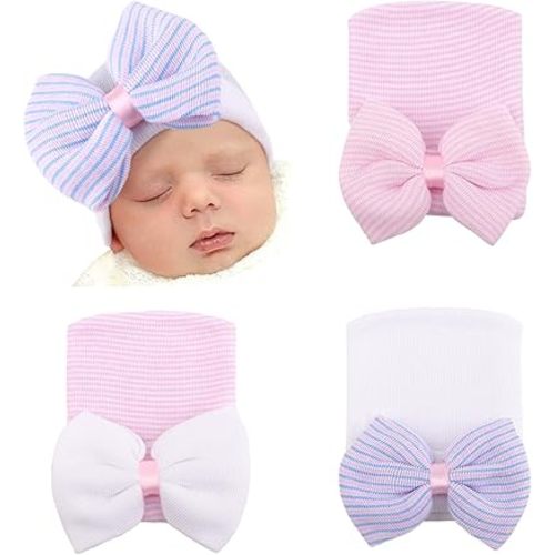 DRESHOW BQUBO Newborn Hospital Hat with Bow Cotton Infant Baby Cap Soft Cute Nursery Beanie Hat for Baby Girl Boy 0-3 Months