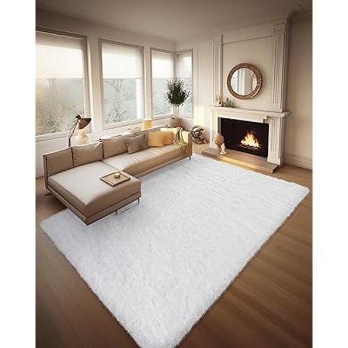 Ophanie 8x10 White Area Rugs for Living Room, Cream Large Shag Bedroom Carpet, Big Indoor Thick Soft Nursery Rug, Ivory Carpets for Boy and Girls Room Dorm Home Decor Aesthetic