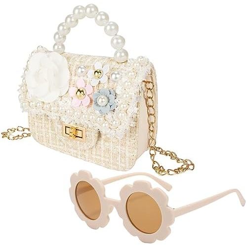 Forwe Little Girls Toddler Crossbody Purse with Pearl Flowers Mini Cute Princess Handbags Shoulder Chain Bag