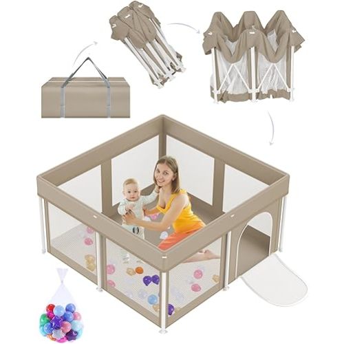 Foldable Baby Playpen 50"×50", Playard for Babies and Toddlers, Portable Safety Baby Fence Lightweight,No Installation, Indoor & Outdoor Baby Playpen with Ocean Balls*50, Khaki and Beige