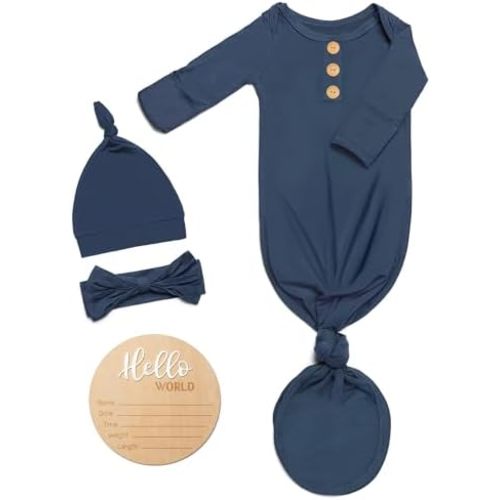 Soft Baby Knot Gown 0-3 Months, Newborn Announcement Sleepers With Mitten Cuffs and Personalized Wooden Name Tag