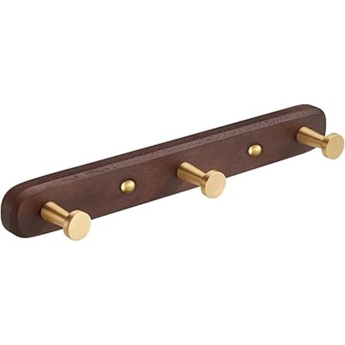 Wall Mounted Coat Rack, Entryway Hanging Coat Rack, Metal Wood Coat Rail with 3 Rustic Hooks Rail for Coat, Scarf, Bag, Towel, Key, Cap, Hat,Walnut Gold Matt