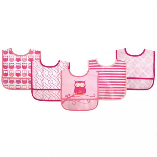 Luvable Friends Baby Girl Waterproof PEVA Bibs 5pk, Pink Owl, One Size
