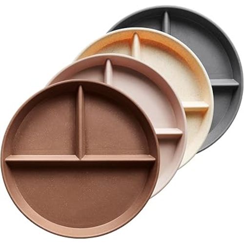 greenandlife 9 Inch 4PCS Unbreakable Portion Control Plates, Divided Plates for Kids Adults, Dishwasher & Microwave Safe Compartment Plate, Lightweight Reusable Wheat Straw Plate, BPA Free