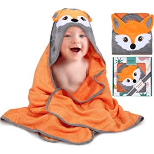 Hooded Bath Towel for Baby and Toddler - Extra-Large, Plush, and Absorbent - Ideal for Newborn Bath Essentials - Cute Fox Face Design in Vibrant Orange - Made from Viscose from Bamboo