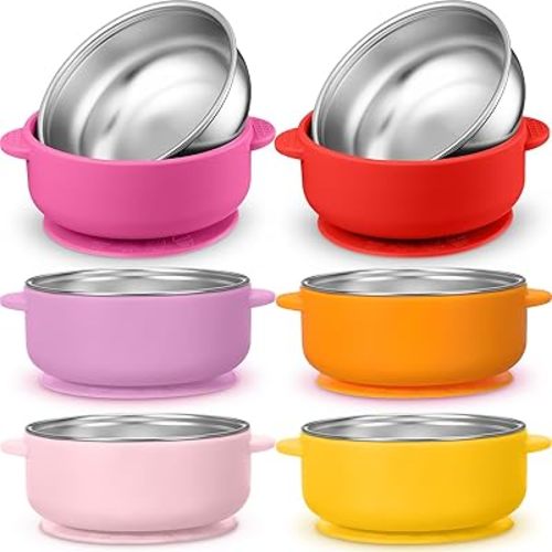 Nuogo 6 Pcs 304 Stainless Steel Baby Bowls with Removable Silicone Shell Toddler Bowls Kids Anti Scald Snack Container for Food Feeding, Dishwasher Safe(Red Series Color,Suction-a)