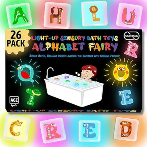 Garybank Alphabet Fairy Light Up Bath Cubes Toys for Kids, 26 Pack Bath Toys for Kids Ages 3-5 Toddler, Bathtub Letters Learning Glow Cube, Animal Recognition, Sensory Light Toy for Baby