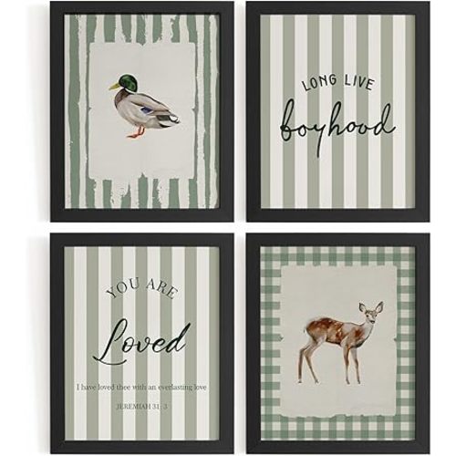 WXHUM 4Pcs Vintage Nursery Boys Kid Play Room Sage Green Wall Art Decor, Long Live Boyhood Retro Woodland Animals Posters for Kids Nursery Toddler Room Playroom, 8x10 inch Unframed