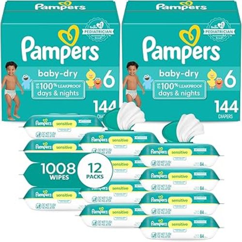 Pampers Baby Dry Disposable Baby Diapers Size 6, 2 Month Supply (2 x 144 Count) with Sensitive Water Based Baby Wipes 12X Multi Pack Pop-Top and Refill (1008 Count)