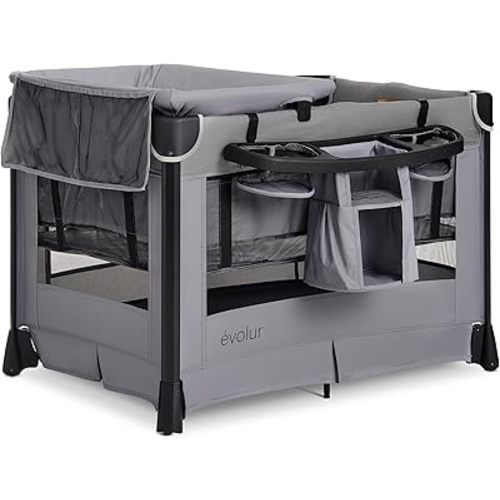 Evolur Cozy Cove All-in-One Portable Playard with Bassinet & Changing Table – Quick-Fold Travel Playard with Breathable Mesh Sides (Newborn–Toddler) Grey
