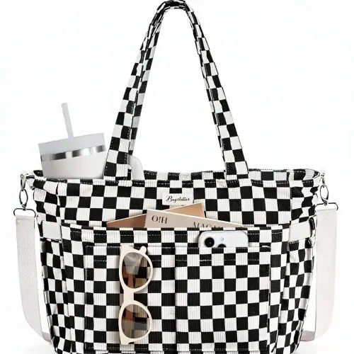 Women's Checkered Multifunctional Commuter Tote Bag - Casual Office Handbag, 17 Pockets, Laptop Compartment, 40 oz Water Bottle Holder, Zipper Closure, Checkered Bags, Multifunctional Commuter Bag - TikTok Shop