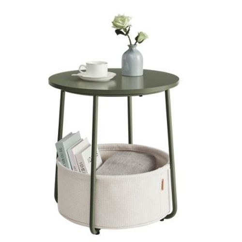 Small Round Side End Table, Modern Nightstand with Fabric Basket Forest Green and Cream White