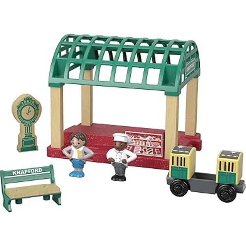 Thomas & Friends Wooden Toy Knapford Train Station Playset with Figures & Passenger Coach for Preschool Pretend Play Kids Ages 3+ Years