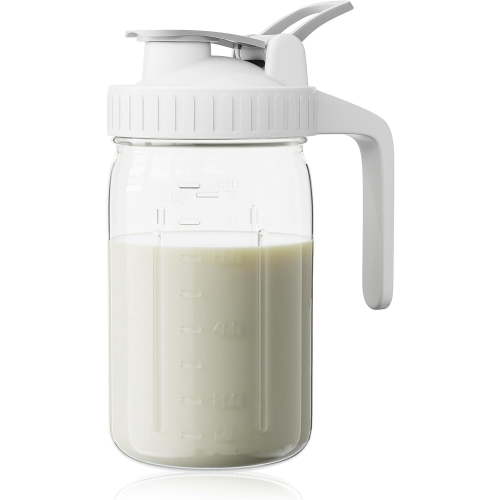 Breast Milk Pitcher, Mason Jar 32 oz, Heavy Duty Wide Mouth Jar with White Flip Cap Lid and Pour Spout, Airtight Seal for Freshness and Convenience, Formula Pitcher Great for Cold Beverages