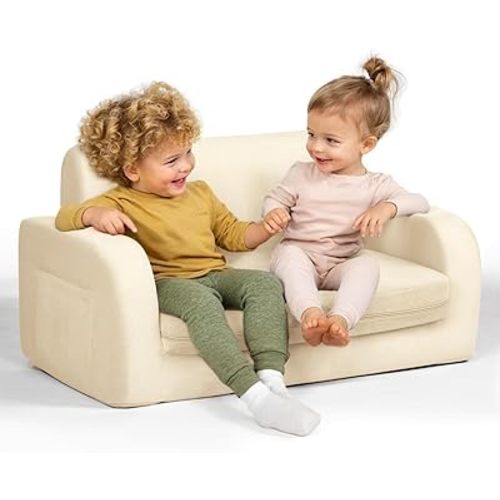3-in-1 Extra Wide Convertible Kids Couch, Flip Open Toddler Couch to Lounger, Comfy Toddler Chair, Machine-Washable Kids Sofa for Girls, Kid Sofa Bed for Fun Playtime or Comfy Lounging, Beige