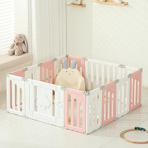 14-Panel Baby Playpen, Foldable Extra Large Play Yard for Babies and Toddlers, Portable Baby Fence with UFO Design, Kids Activity Gate Playpen – Pink