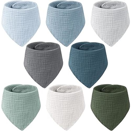 Muslin Baby Bibs for Unisex, 100% Cotton Soft and Absorbent Gender Neutral Set for Feeding and Drooling 8 Packs