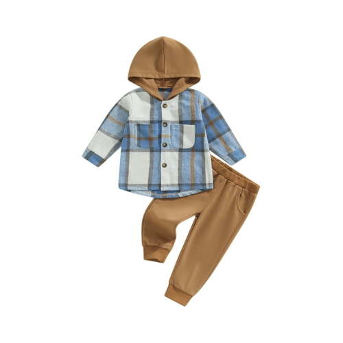 Bagilaanoe 2pcs Toddler Baby Boy Long Pants Set Plaid Print Long Sleeve Hood Shirt + Trousers 1T 2T 3T 4T 5T 6T Kid Casual Outfits