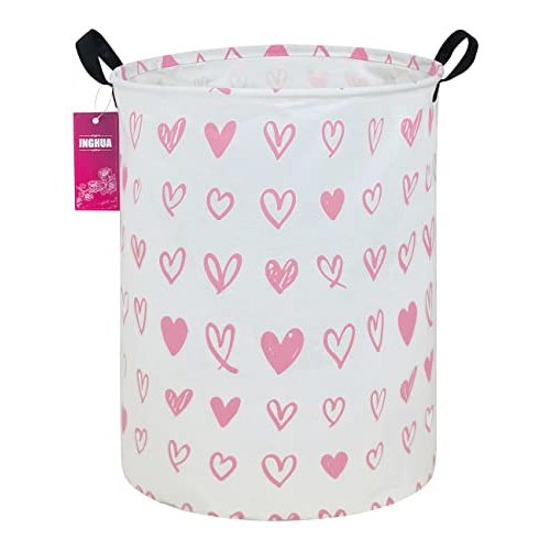 INGHUA Laundry Hamper Large Canvas Fabric Lightweight Storage Basket/Toy Organizer/Dirty Clothes Collapsible Waterproof for College Dorms, Boys and Girls Bedroom,Bathroom(Pink hearts)