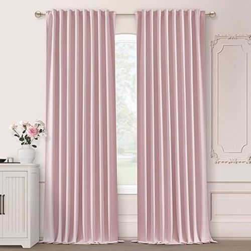 SHINELAND Light Pink Blackout Nursery Curtains 52 x 84 Inches Long 2 Panels Girls Bedroom - Back Tab and Rod Pocked Black Out Dark Pink Curtains 2 Panels,Room Darkening Draps 84 Inches Long