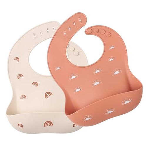 ROCCED Baby Silicone Bibs 2 Sets Baby Bibs with Food Catcher for Girls Boys Toddlers BPA Free Waterproof Soft Durable Adjustable for Babies-Shifting Sand/Pale Mauve