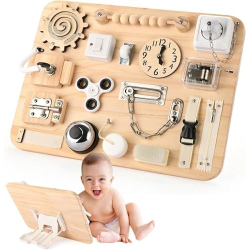 Montessori Large Busy Board - Wooden Sensory Toys -Fidget Activity Board for Toddlers Boys and Girls- Motor Skills Gifts for ADHD & Autistic Children Kids 3 4 Years Old
