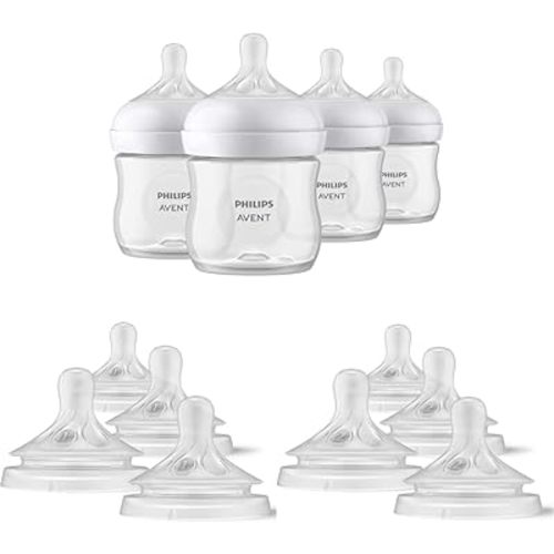 Philips AVENT Natural Baby Bottles with Natural Response Nipples, Clear, 4oz, 4pk (SCY900/04) and Natural Response Baby Bottle Nipples Flow 1, 4pk (SCY961/04) and Natural Response Baby Bottle Nipples Flow 2, 0M+, 4pk (SCY962/04)