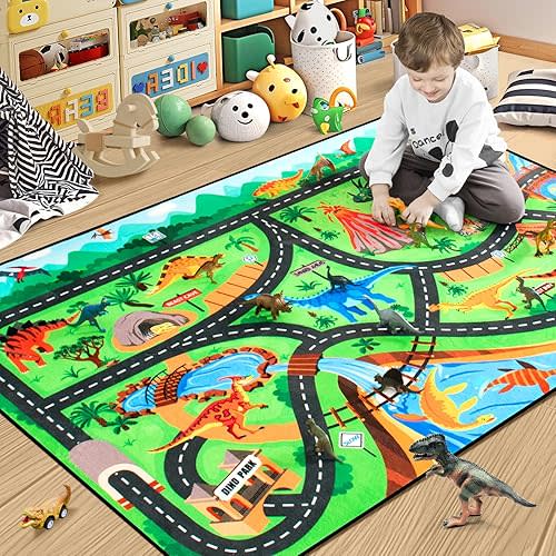 Kids Rug, Car Carpet for Kids' Toy Cars, 4x6 Ft Dinosaur Rug, Dino Safari Road Mat for Playroom, Educational Learning & Game Area Baby Play Mat Carpet for Children