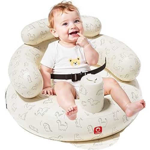 QPAU Inflatable Baby Seat with Safety Harness for Babies 3 Months & Up, Baby Floor Seats for Sitting Up, Baby Seats for Infants, Blow Up Baby Chair with Built in Air Pump (Dinosaur)