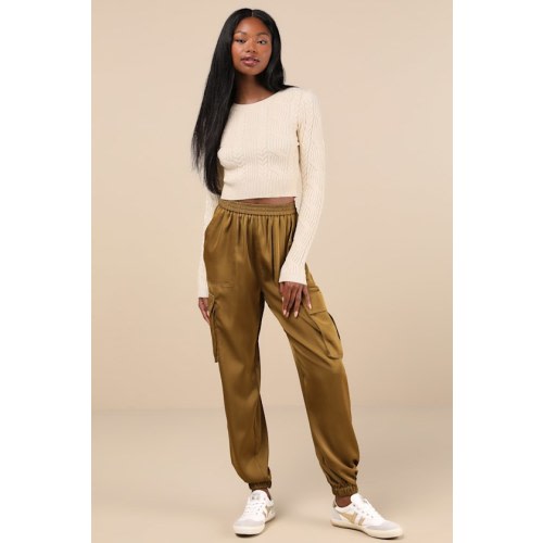 Chic Dedication Olive Green Satin High-Rise Cargo Jogger Pants