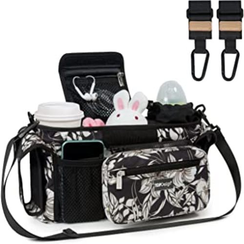 TOPDesign Universal Baby Stroller Organizer, Stroller Caddy with Heightened Insulated Cup Holders & Non-Slip Secure Hooks Accessories, Fits Most Strollers, Machine Washable (Morning Glory)