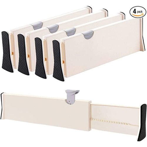 Drawer Dividers Organizer 4 Pack, Adjustable Separators 4" High Expandable from 14.9-21" for Bedroom, Bathroom, Closet, Clothing, Office, Kitchen Storage, Strong Secure Hold, Foam Ends, Locks in Place - Beige - 4" Tall, 14.9"-21" Long, 4 Pack