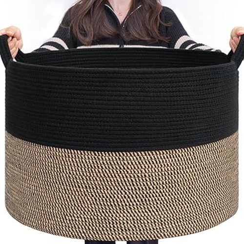 INDRESSME Large Storage Baskets for Organizing, 21.7 x 13.8 Blanket Basket Living Room Dog Toy Bin, Woven Laundry Basket for Dirty Clothes, Pillows, Towel, 90L Mix Black