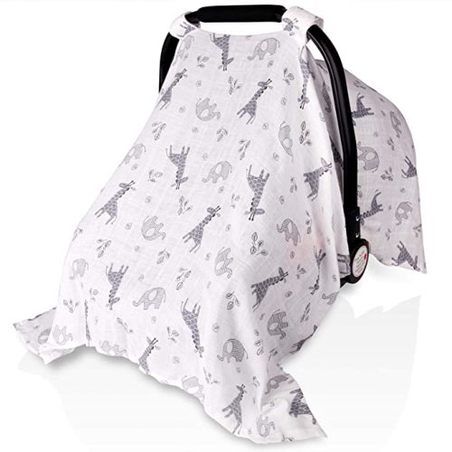Baby Car Seat Covers for Boys Girls, Metplus Muslin Infant Carseat Canopy, Lightweight Breathable Newborn Carrier Canopies Stroller Cover, Universal Fit Large Size 47.2 x 35.4 inch, Elephant Giraffe