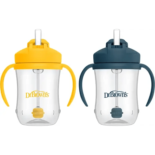 Dr. Brown's Milestones Baby's First Straw Cup, Training Cup with Weighted Straw, 9oz/270mL, Dark Blue/Vintage Yellow, BPA Free, 6m+, 2 Pack