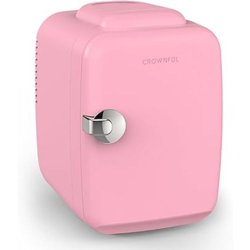 CROWNFUL Mini Fridge, 4 Liter/6 Can Portable Cooler and Warmer Personal Refrigerator for Skin Care, Cosmetics, Beverage, Food,Great for Bedroom, Office, Car, Dorm, ETL Listed (Pink)