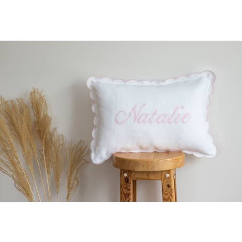Scalloped Edge Snow White Pillow Cover in Pale Pink or Blue | Personalized Embroidered Name | 12x18 Inches