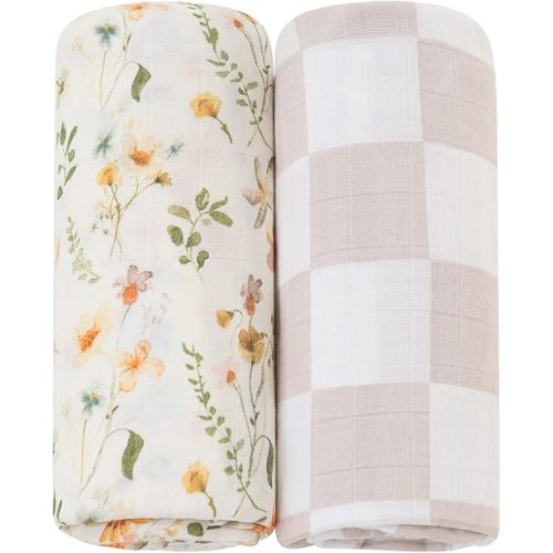 LifeTree Muslin Swaddle Blanket for Baby Girl, 2-Pack 70% Viscose from Bamboo and 30% Cotton Large Swaddle Blankets (47" x 47"), Floral & Dusty Pink Checkered