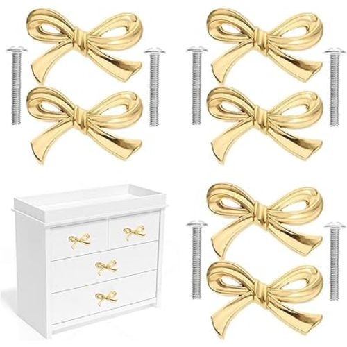 Bow Knobs for Dresser, 6PCS Metal Bow Dresser Knobs Vintage Handles Gold Handles for Home Kitchen Cabinet Hardware Cupboard