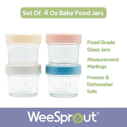WeeSprout Glass Baby Food Storage Jars w/Lids (4 oz, 4 Pack Set) Snack, Puree, Reusable Small Containers, Breast Milk, Fridge or Freezer, Microwave & Dishwasher Safe, Essential Must Have for Infants - 4 Ounce (Plastic Lids) - Off White, Light Grey, Pink,