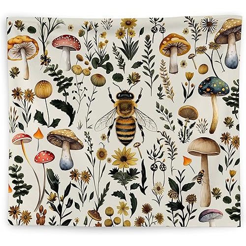 WNAGT Cottagecore Mushroom Floral Bee Tapestry Wall Hanging, Cottage Core Room Decor, Rustic Country Wildflower Botanical Wall Blanket Decor for Home Bedroom Living Room, 50x60 Inch