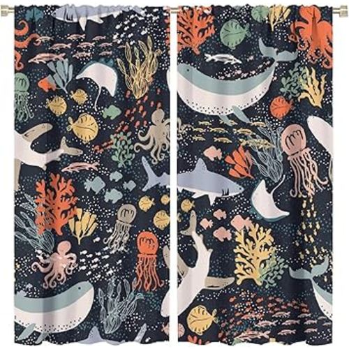Kids Fish Blackout Curtains Cartoon Underwater Nature Cute Sea Animals Boys Girls Bedroom Living Room Bathroom Nursery Rod Pocket Decoration Window Drapes 2 Panels W42xL84in