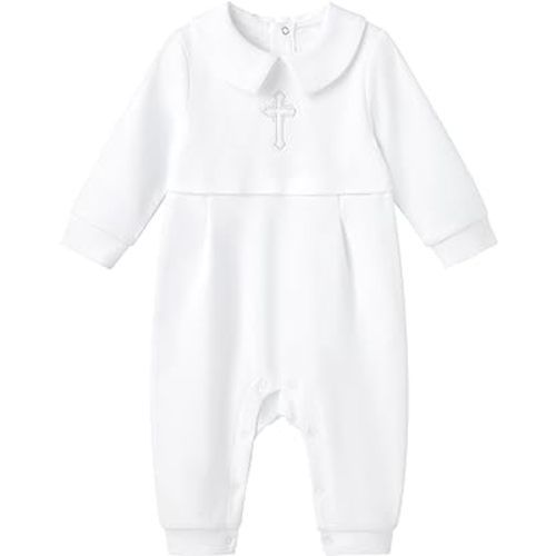 pureborn Unisex Baby Jumpsuit Infant Boys Girls Cotton Spring Fall Romper One-Piece Coverall Baptism Outfit White 0-24 Months