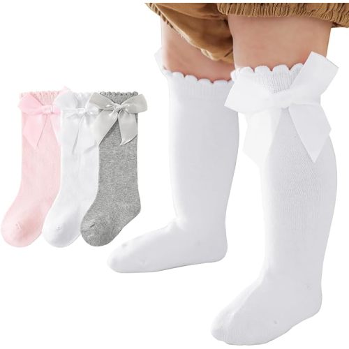 Baby Knee High Socks Newborn Ruffle Bow Socks Infant Long Sock Toddler Girls Uniform Stockings